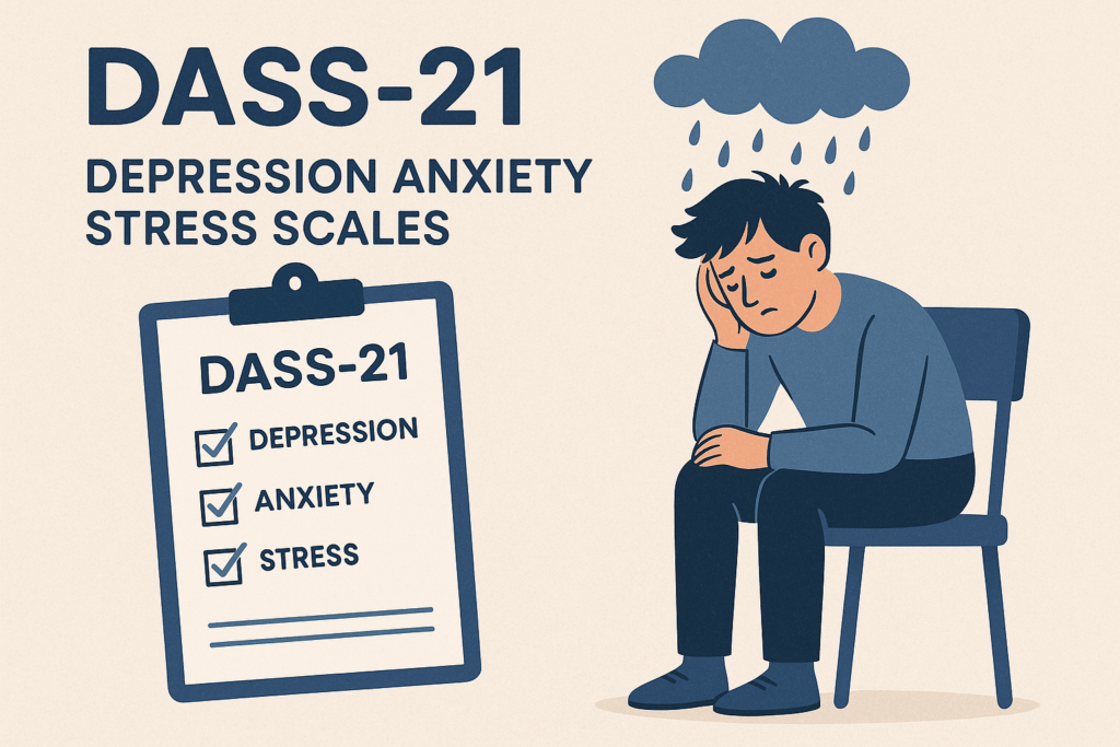 Illustration of a DASS-21 clipboard with checked boxes for Depression, Anxiety, and Stress, next to a person sitting under a rain cloud, representing emotional distress.