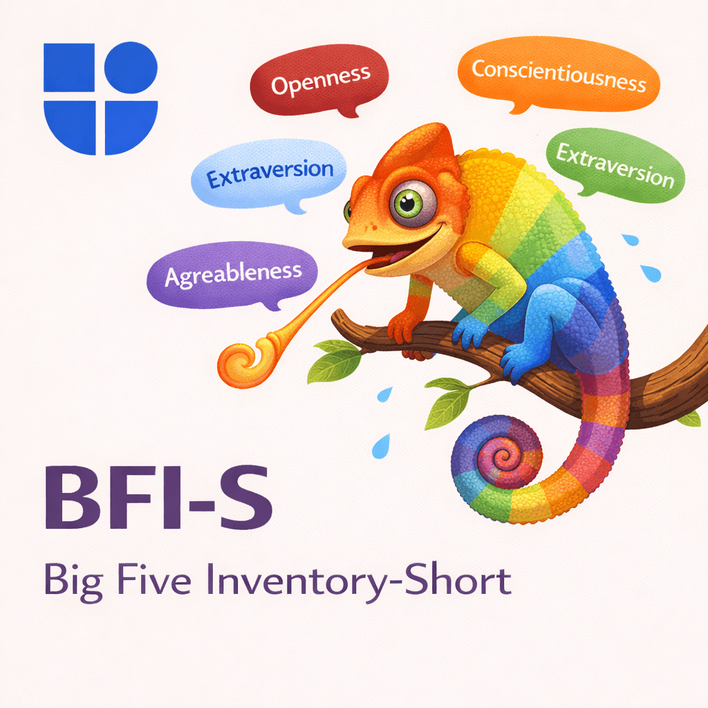 Colorful illustration of a rainbow chameleon on a branch with its tongue out, surrounded by speech bubbles labeling the Big Five personality traits: Openness, Conscientiousness, Extraversion, Agreeableness, and Neuroticism (implied), with the Testable logo and text "BFI-S Big Five Inventory-Short"