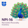 Illustration of a proud peacock displaying its vibrant, iridescent tail feathers in full fan, with the Testable logo and text "NPI-16 Narcissistic Personality Inventory"