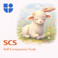 Illustration of a peaceful lamb with closed eyes and gentle smile resting in a meadow of colorful wildflowers, with a caring hand gently placing a daisy on its head, under a soft blue sky, with the Testable logo and text "SCS Self-Compassion Scale"
