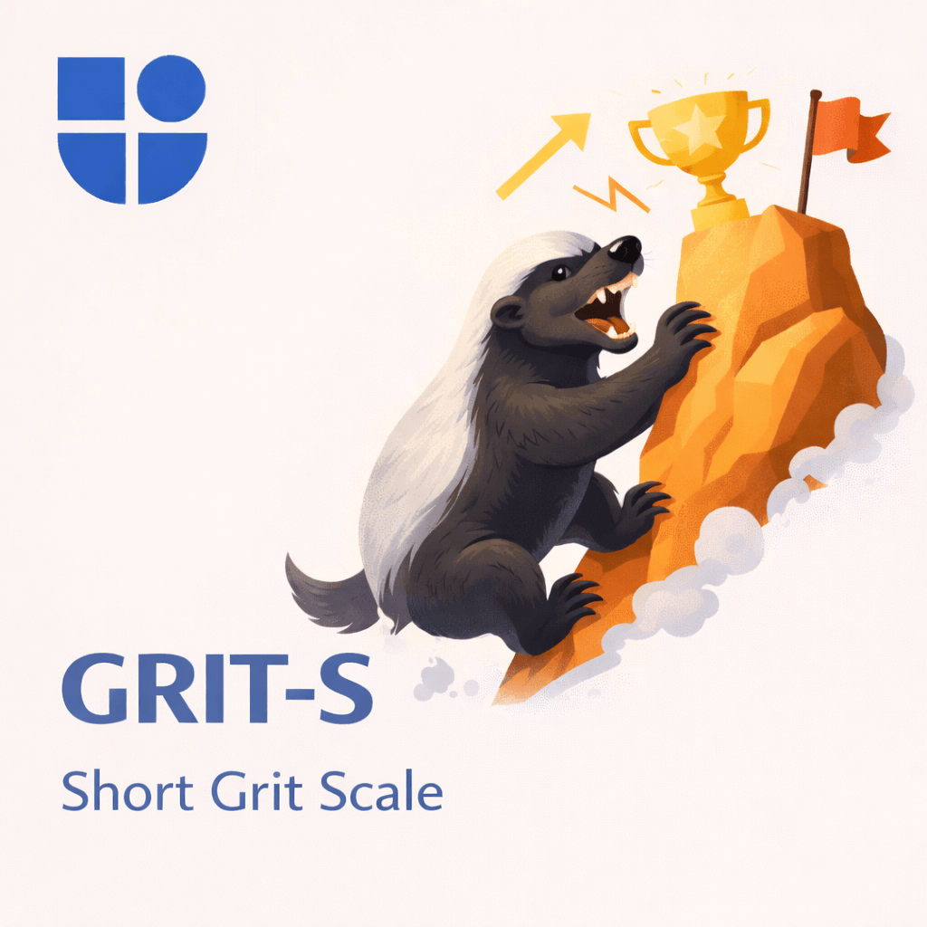 Illustration of a determined honey badger fiercely climbing a rocky peak toward a shining golden trophy cup with a star, arrow pointing upward, sparks, and a flag at the summit, with the Testable logo and text "GRIT-S Short Grit Scale"