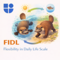 Illustration of two cheerful platypuses adapting to different environments, one swimming happily in blue water with bubbles and another standing contentedly on sunny land with flowers, connected by green and blue arrows showing a cycle with a fish icon above, with the Testable logo and text "FIDL Flexibility in Daily Life Scale"
